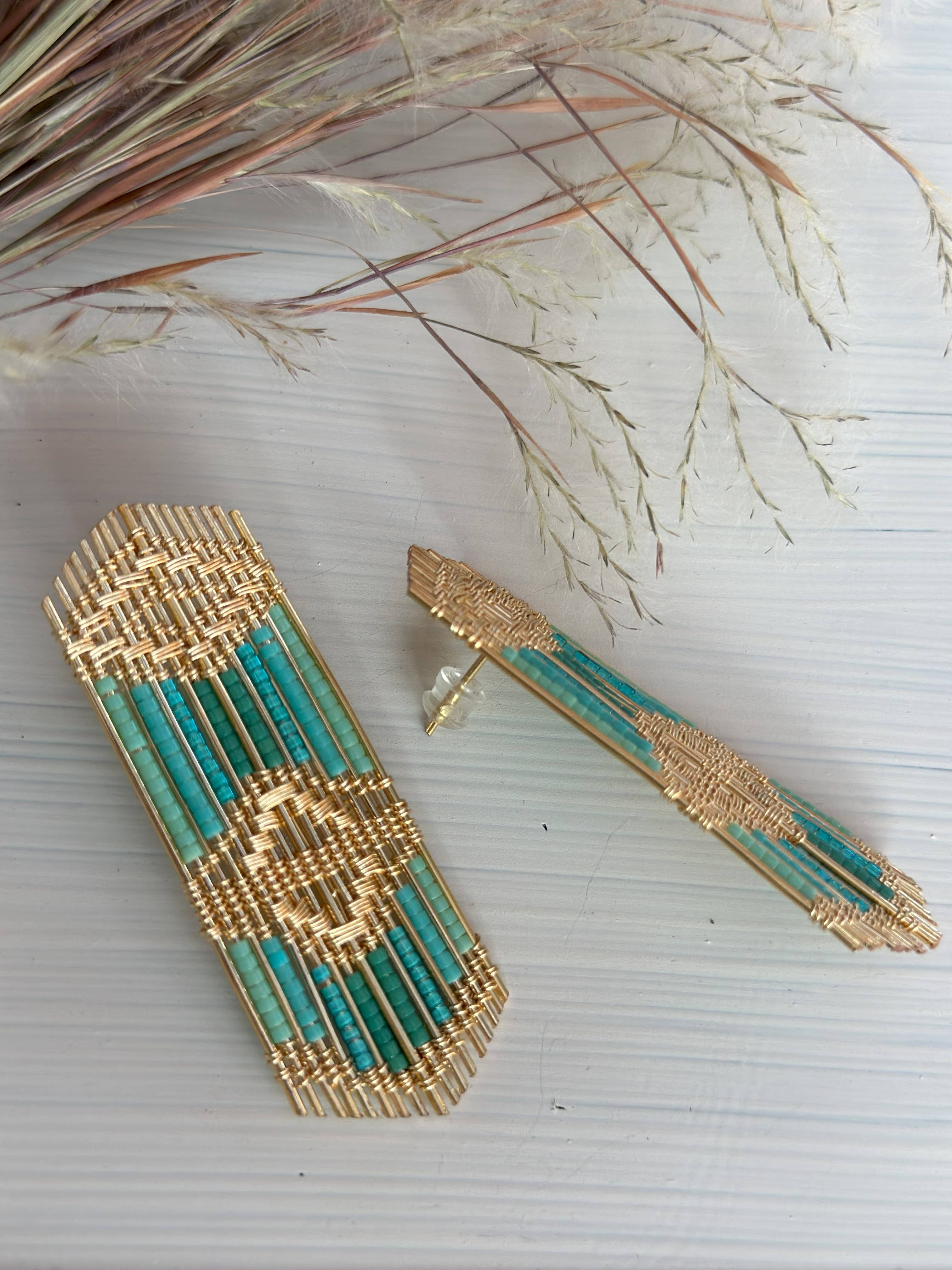 Handwoven Wire and Bead Regalia Earrings (Blue)