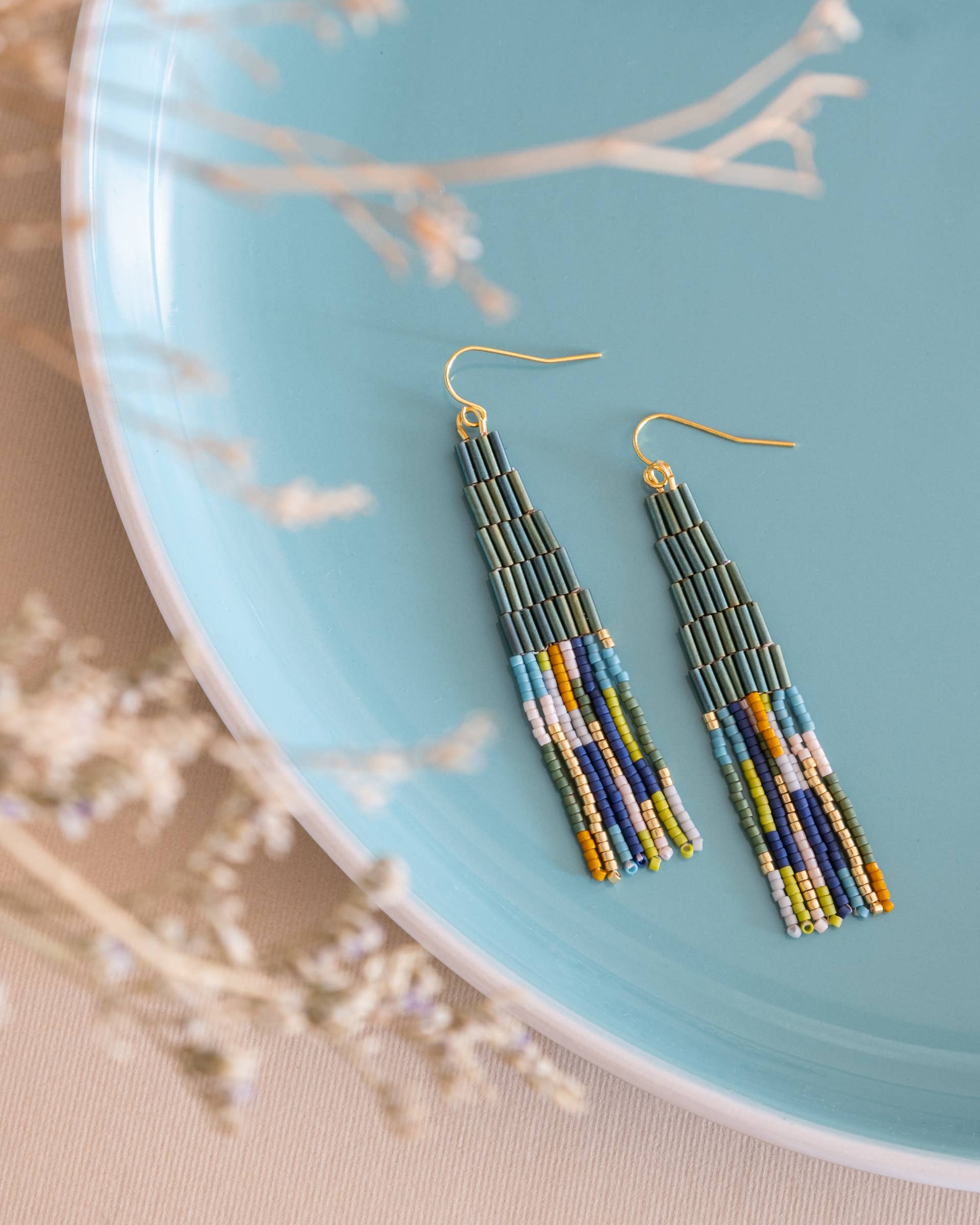 Beaded Handwoven Abstract Fringe Earrings (Emerald)