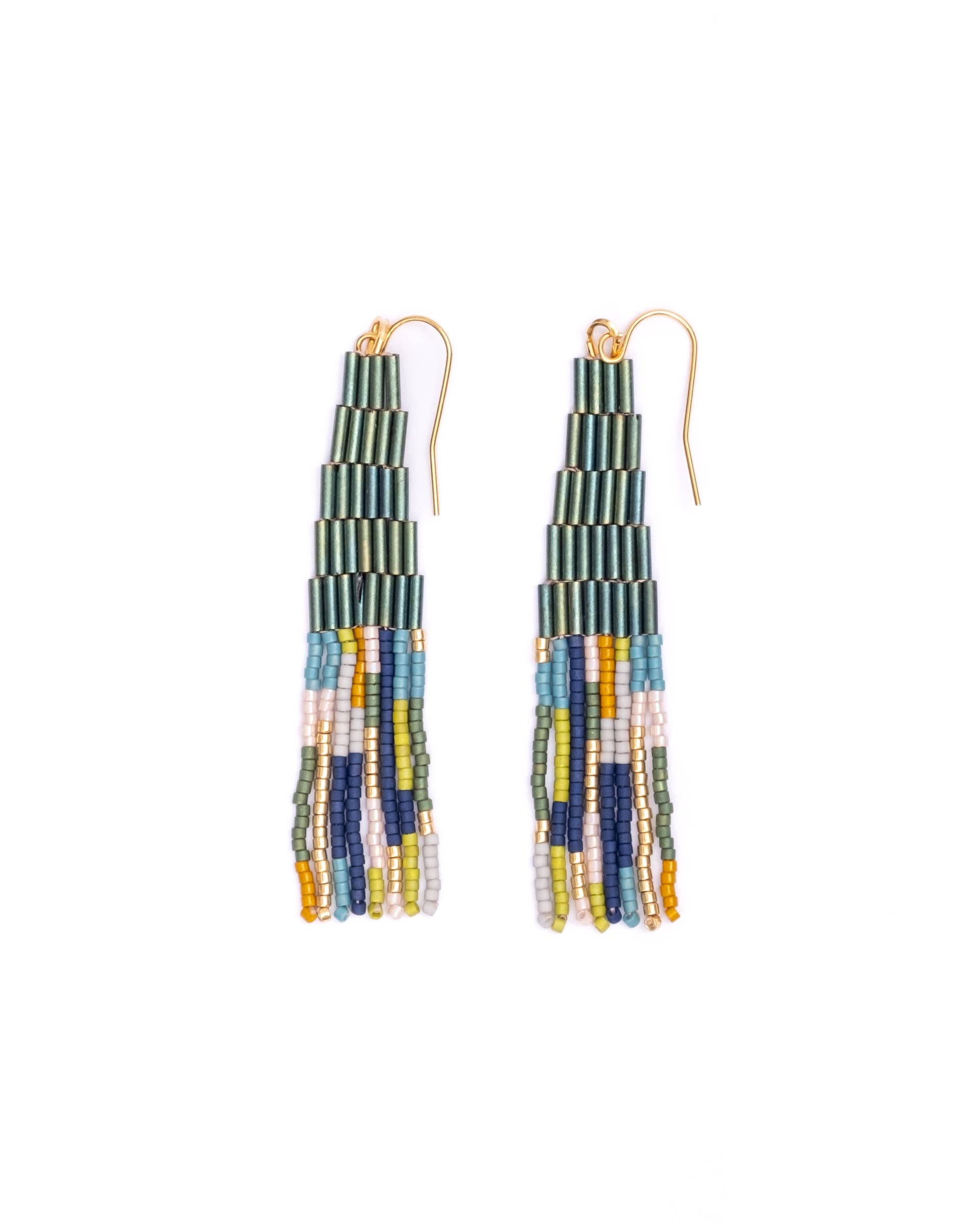 Beaded Handwoven Abstract Fringe Earrings (Emerald)