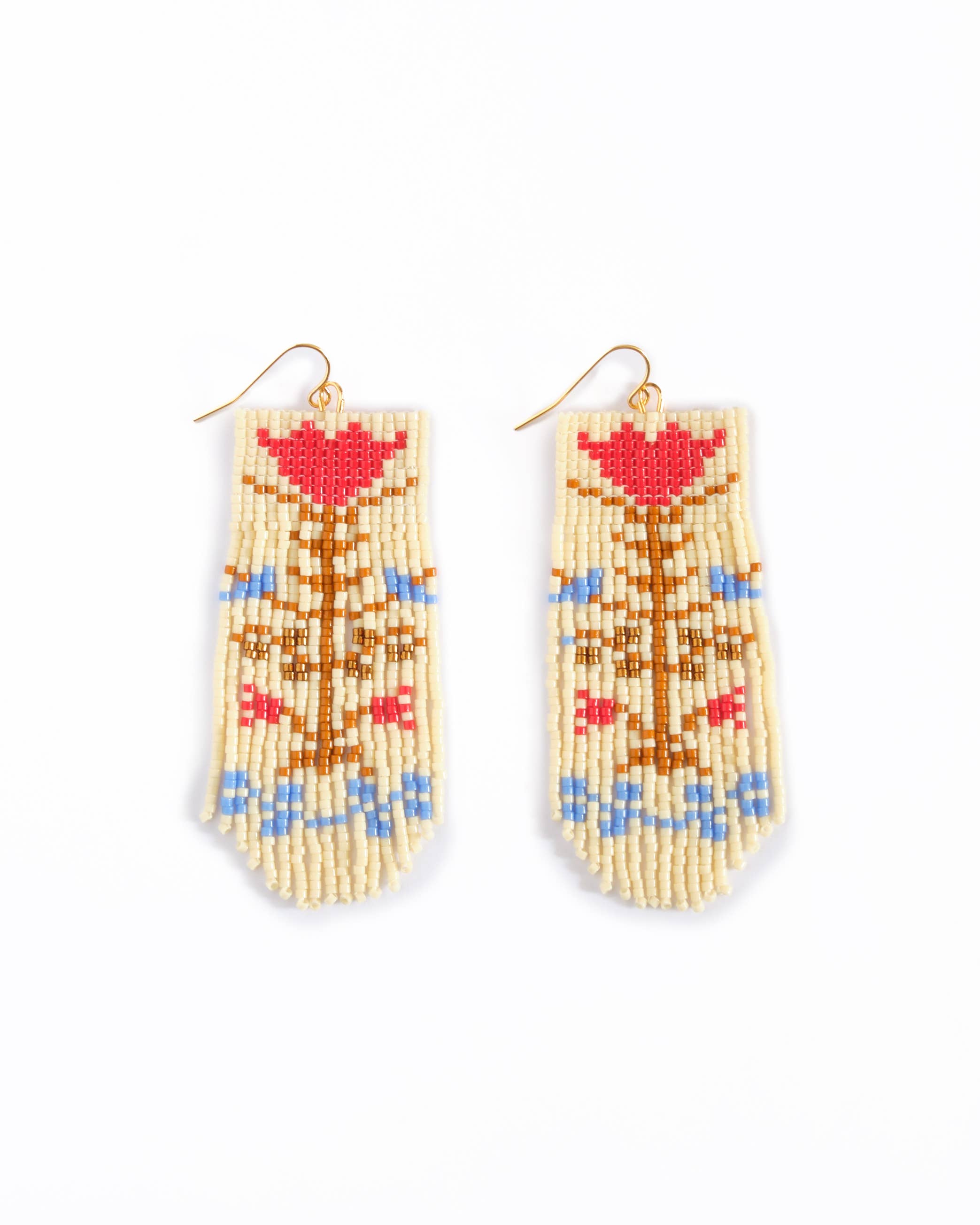 Beaded Handwoven Vintage Flower Fringe Earrings (Brown/Blue)
