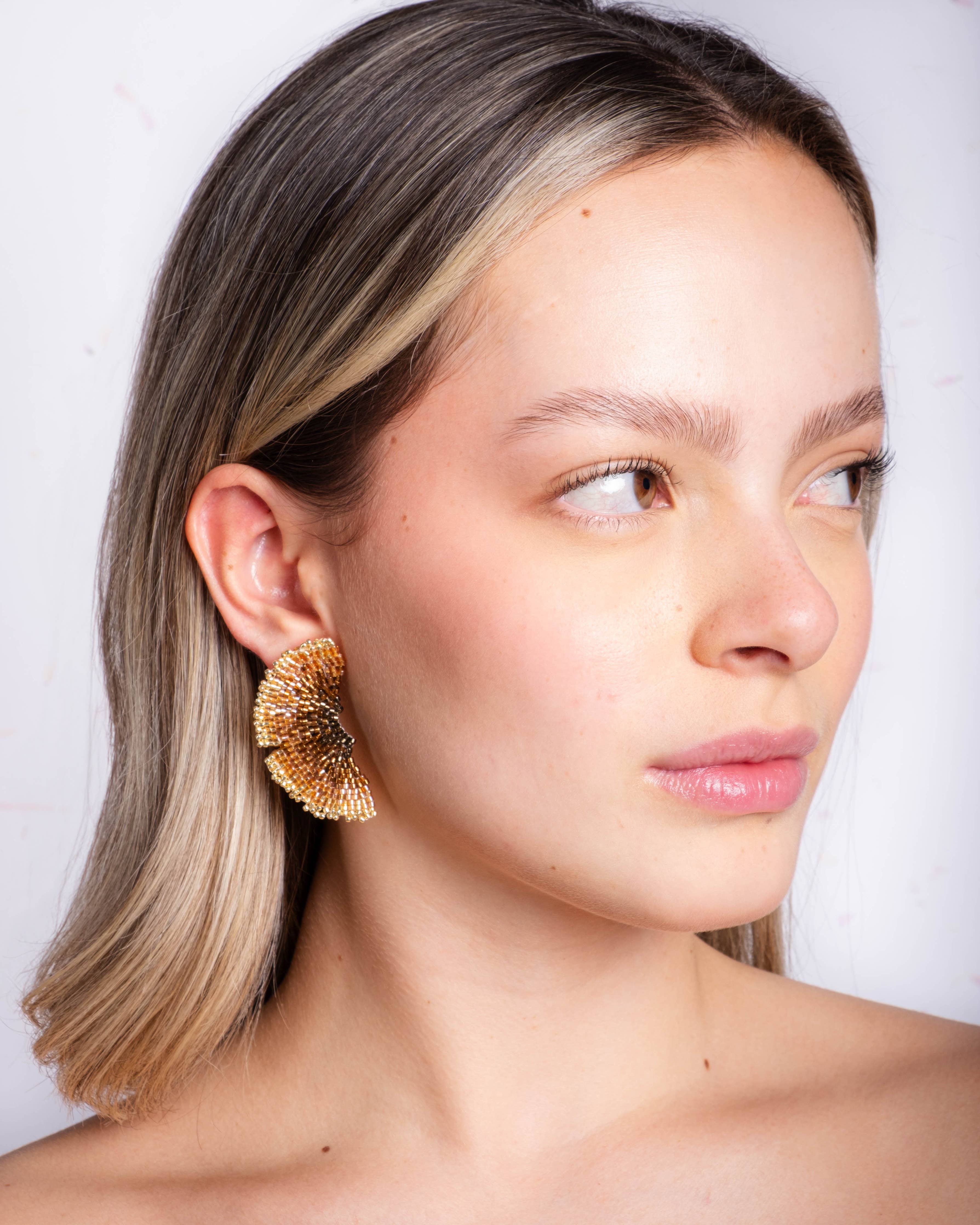 Beaded Handwoven Ginkgo Leaf Stud Earrings (Bronze)