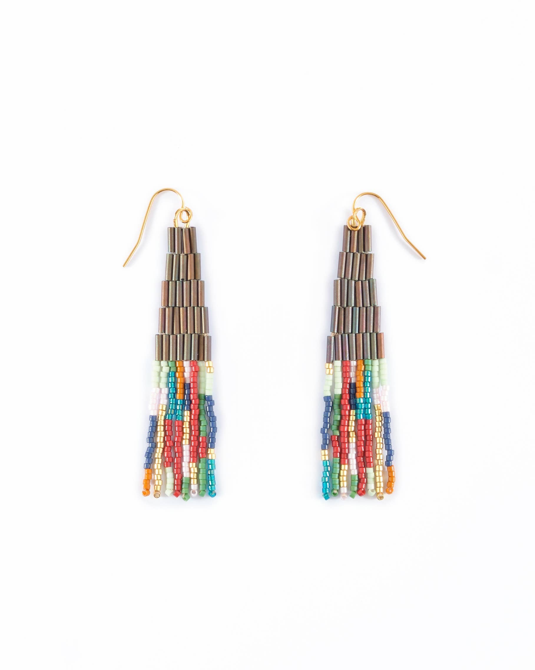 Beaded Handwoven Abstract Fringe Earrings (Emerald)