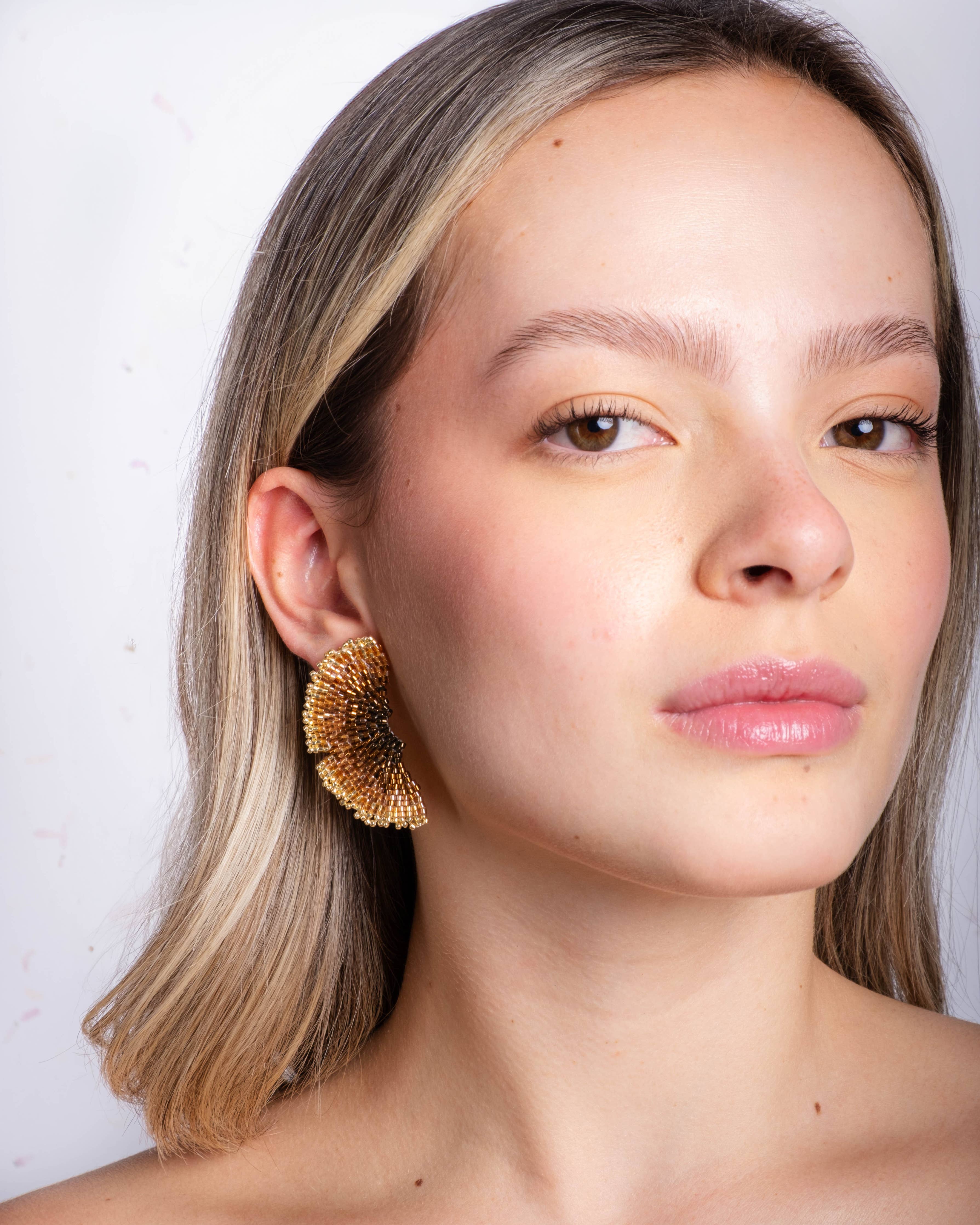 Beaded Handwoven Ginkgo Leaf Stud Earrings (Bronze)