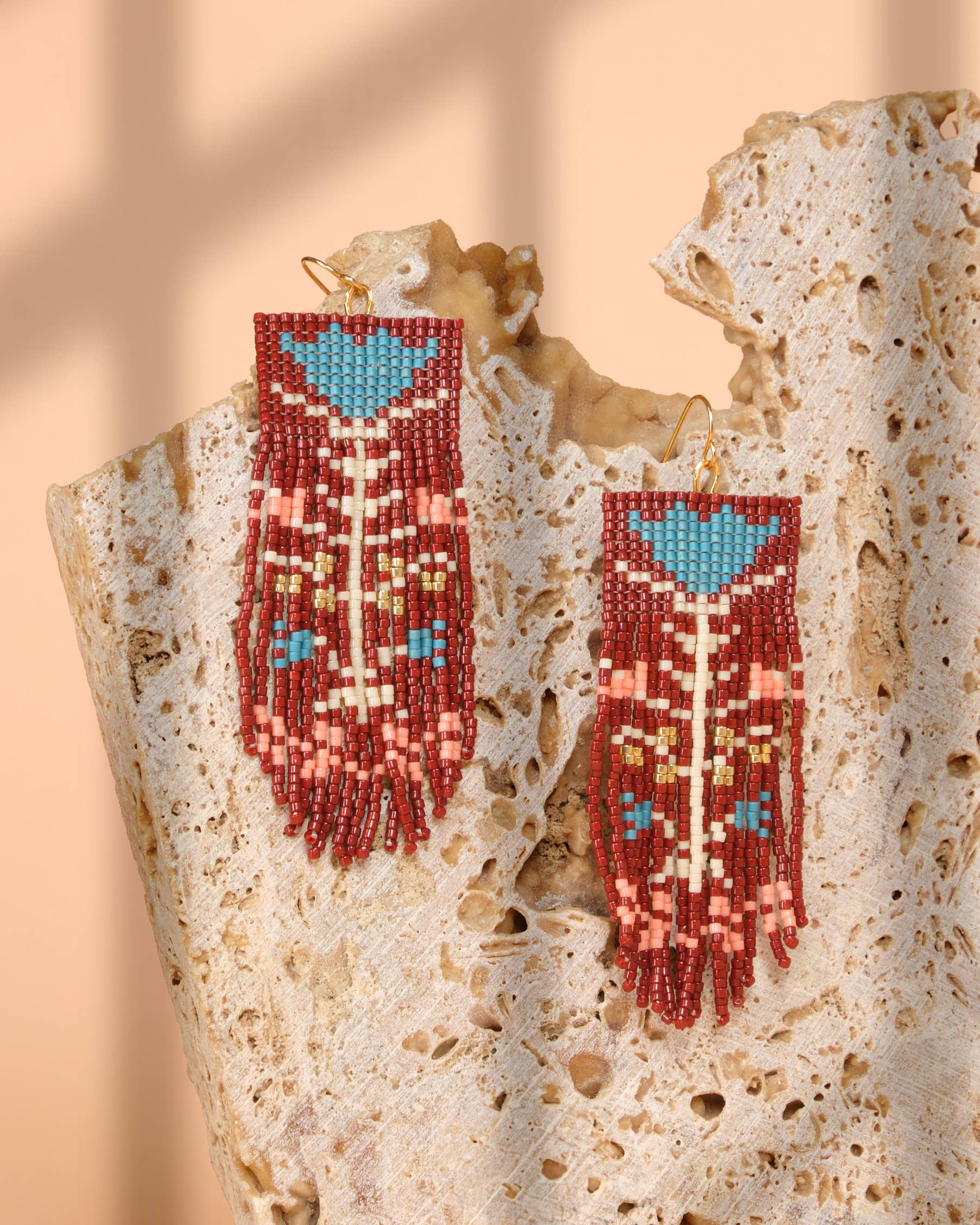 Beaded Handwoven Vintage Flower Fringe Earrings (Brown/Blue)