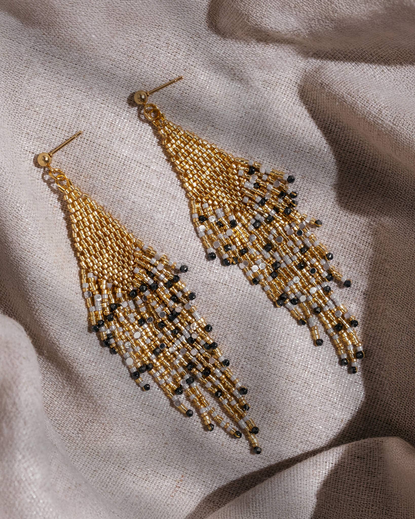 Beaded Handwoven Starlight Fringe Earrings (Gold)