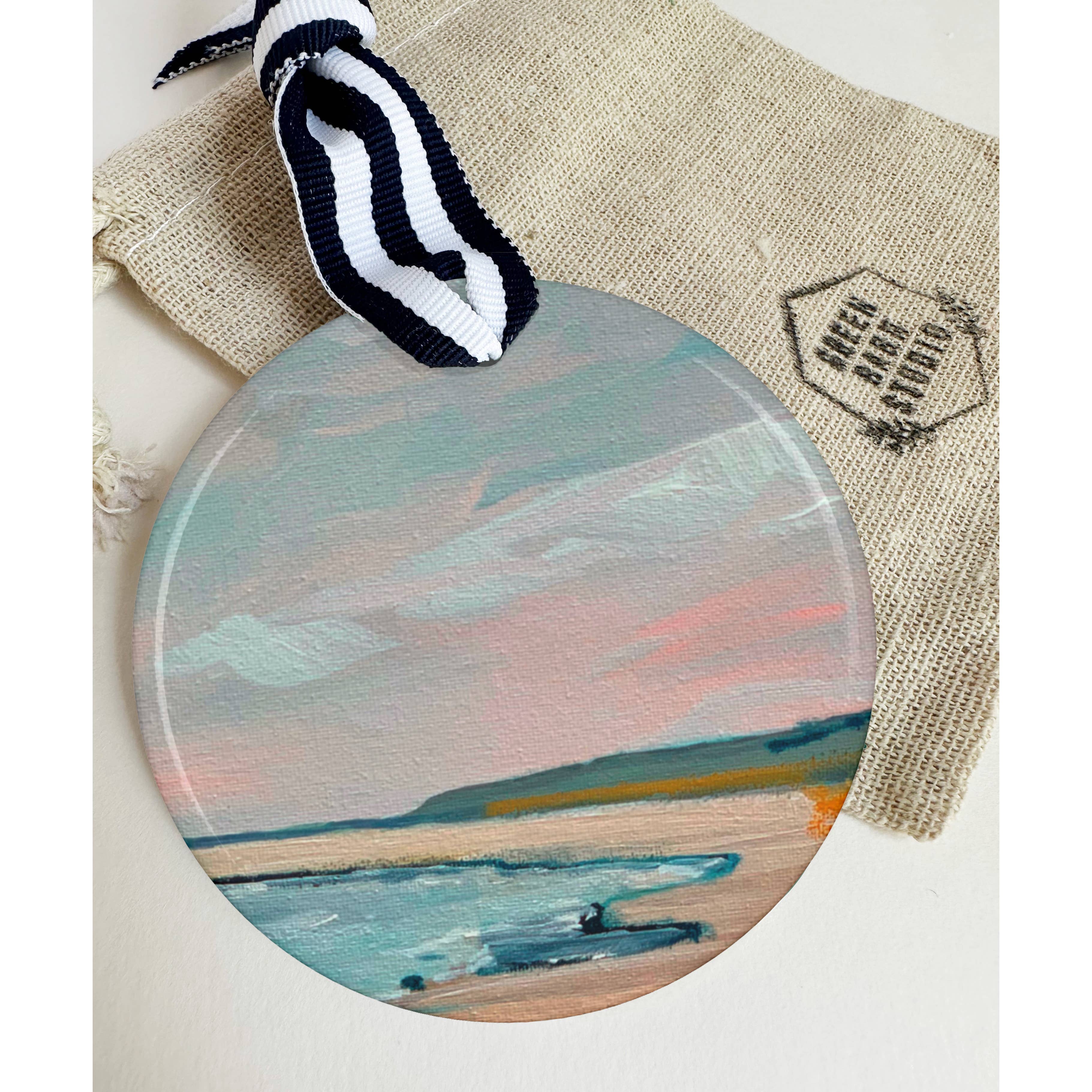Pastel Beach Ornament, Coastal Holiday Ornament on Porcelain