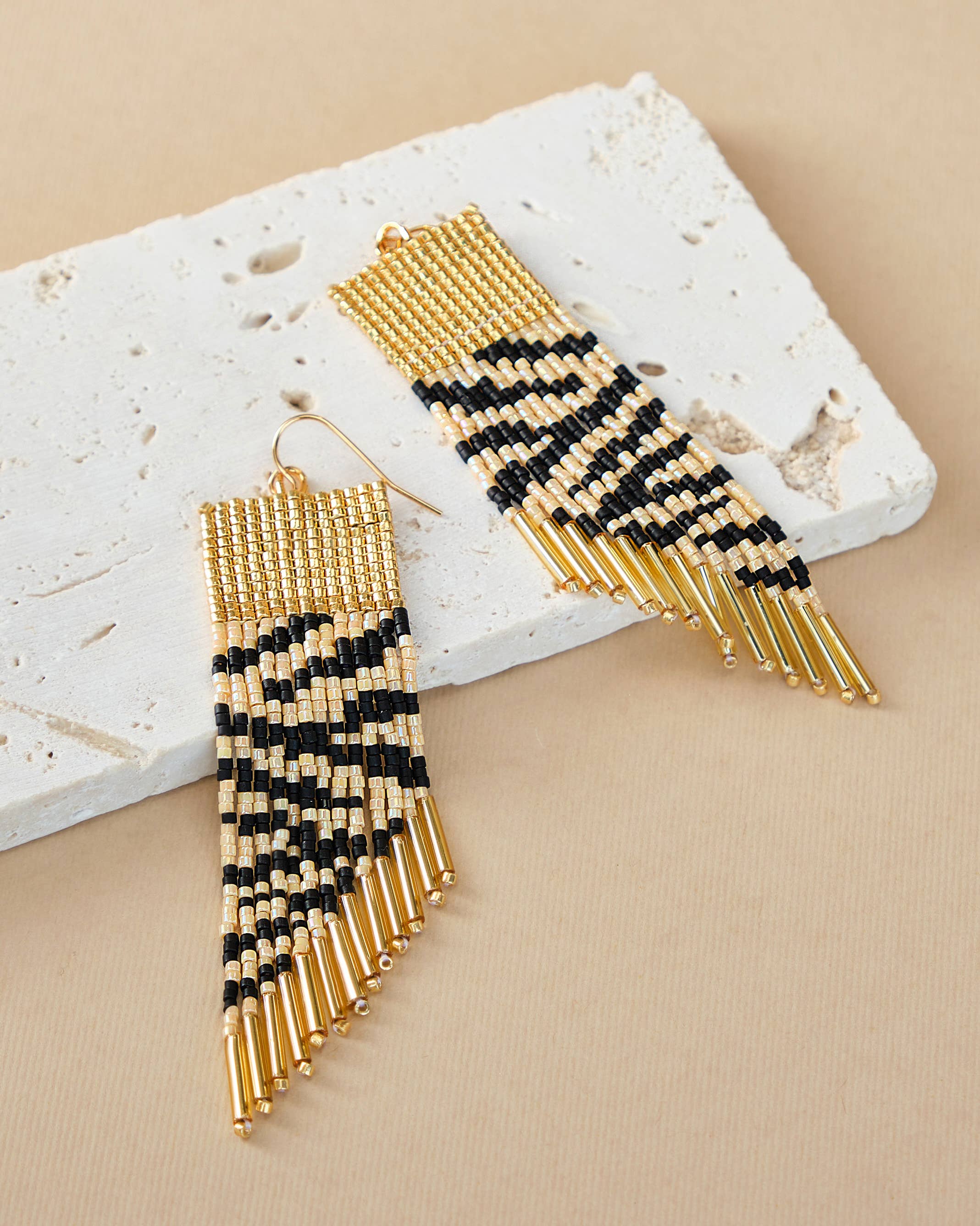 Beaded Handwoven Golden Zebra Fringe Earrings (Cream/Black)