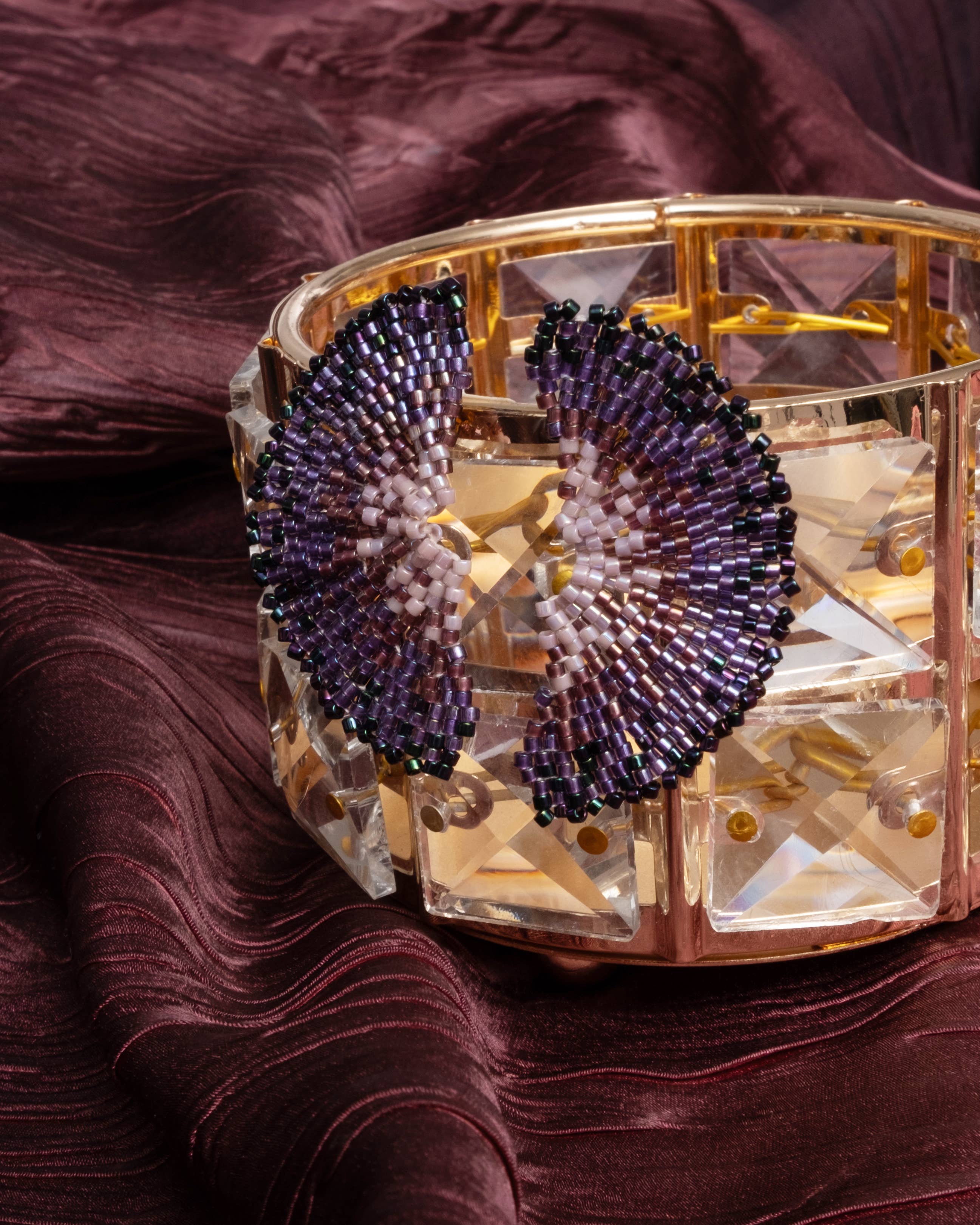 Beaded Handwoven Ginkgo Leaf Stud Earrings (Purple)