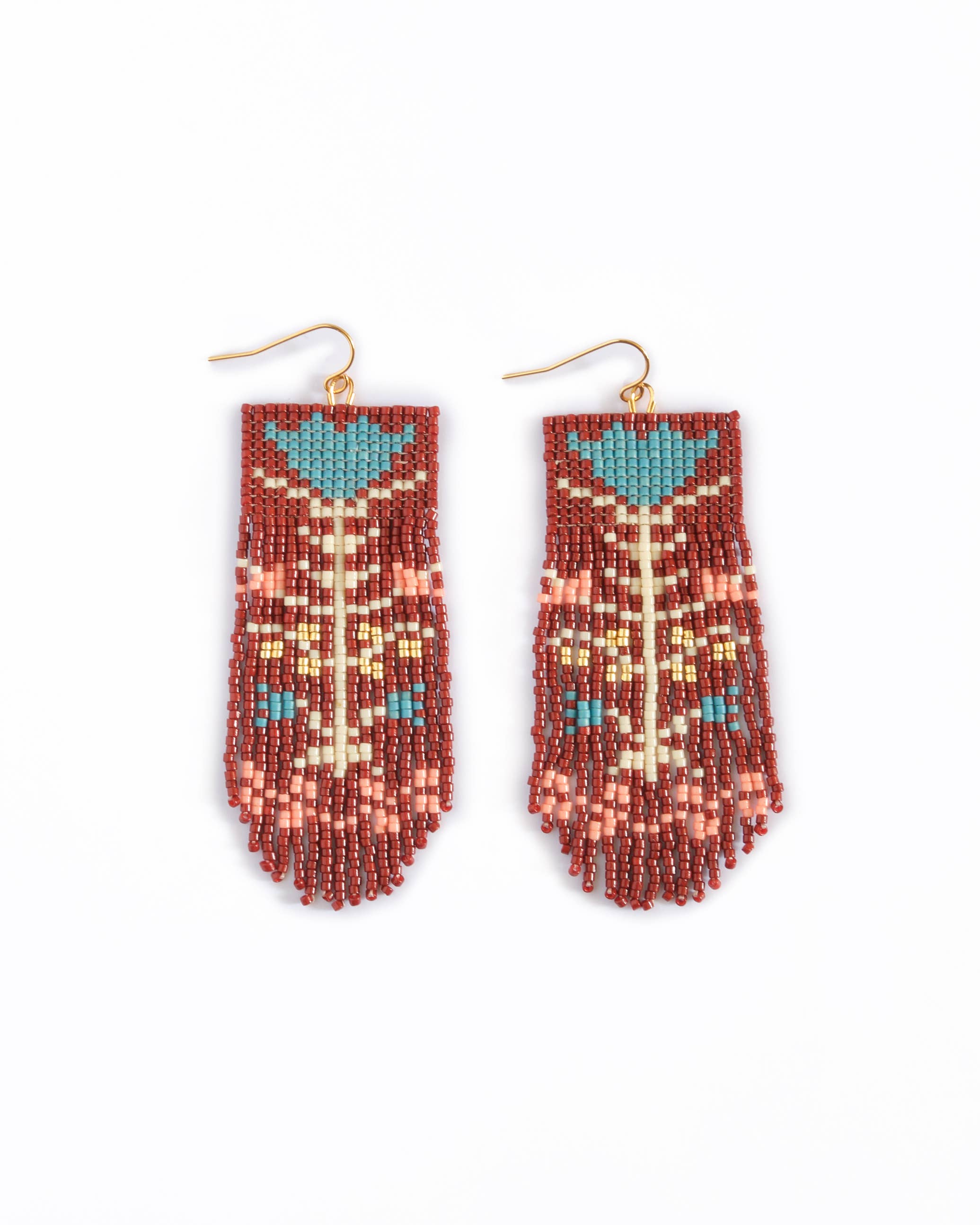 Beaded Handwoven Vintage Flower Fringe Earrings (Brown/Blue)