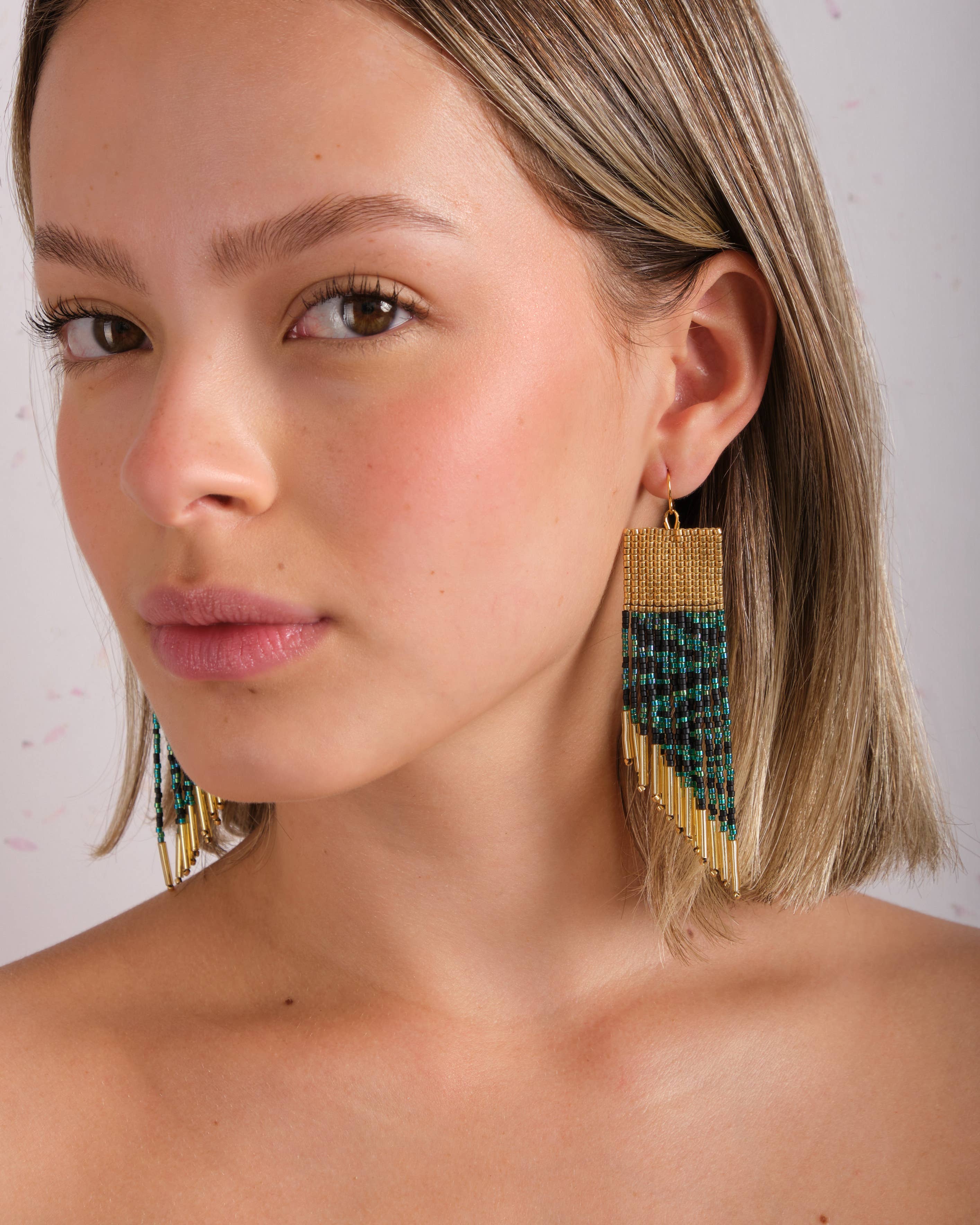 Beaded Handwoven Golden Zebra Fringe Earrings (Cream/Black)