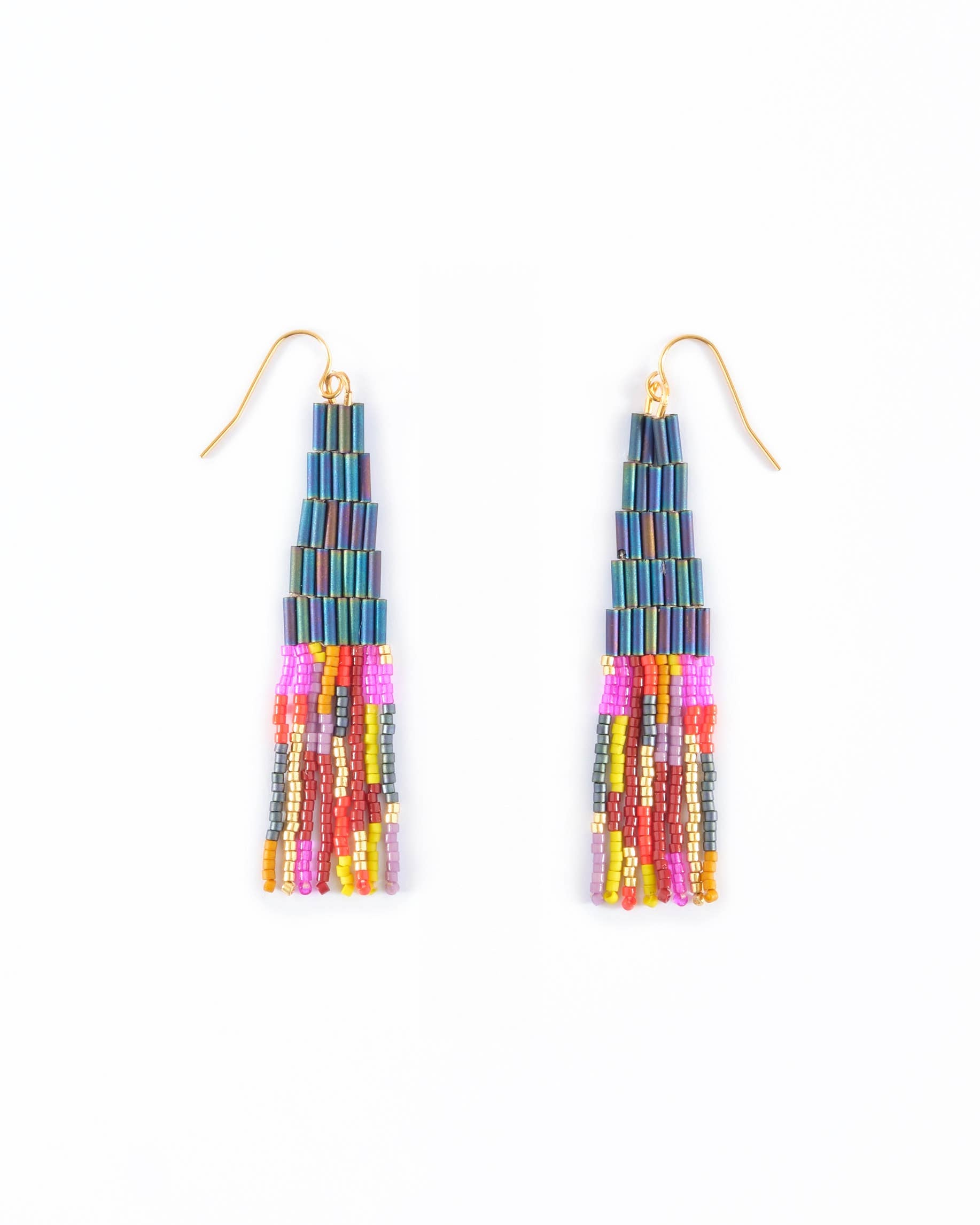 Beaded Handwoven Abstract Fringe Earrings (Emerald)