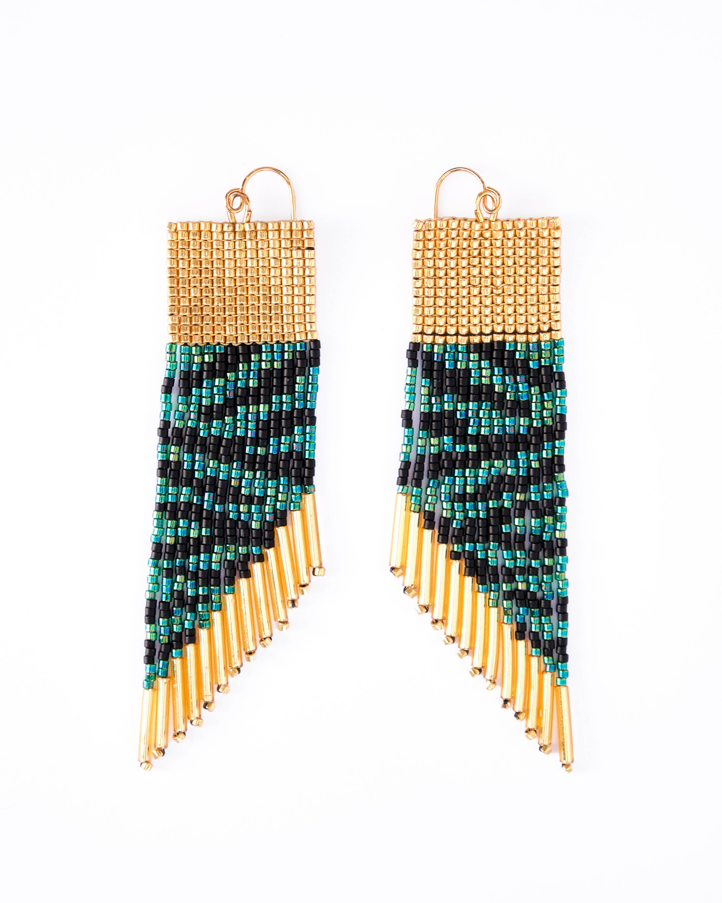 Beaded Handwoven Golden Zebra Fringe Earrings (Cream/Black)