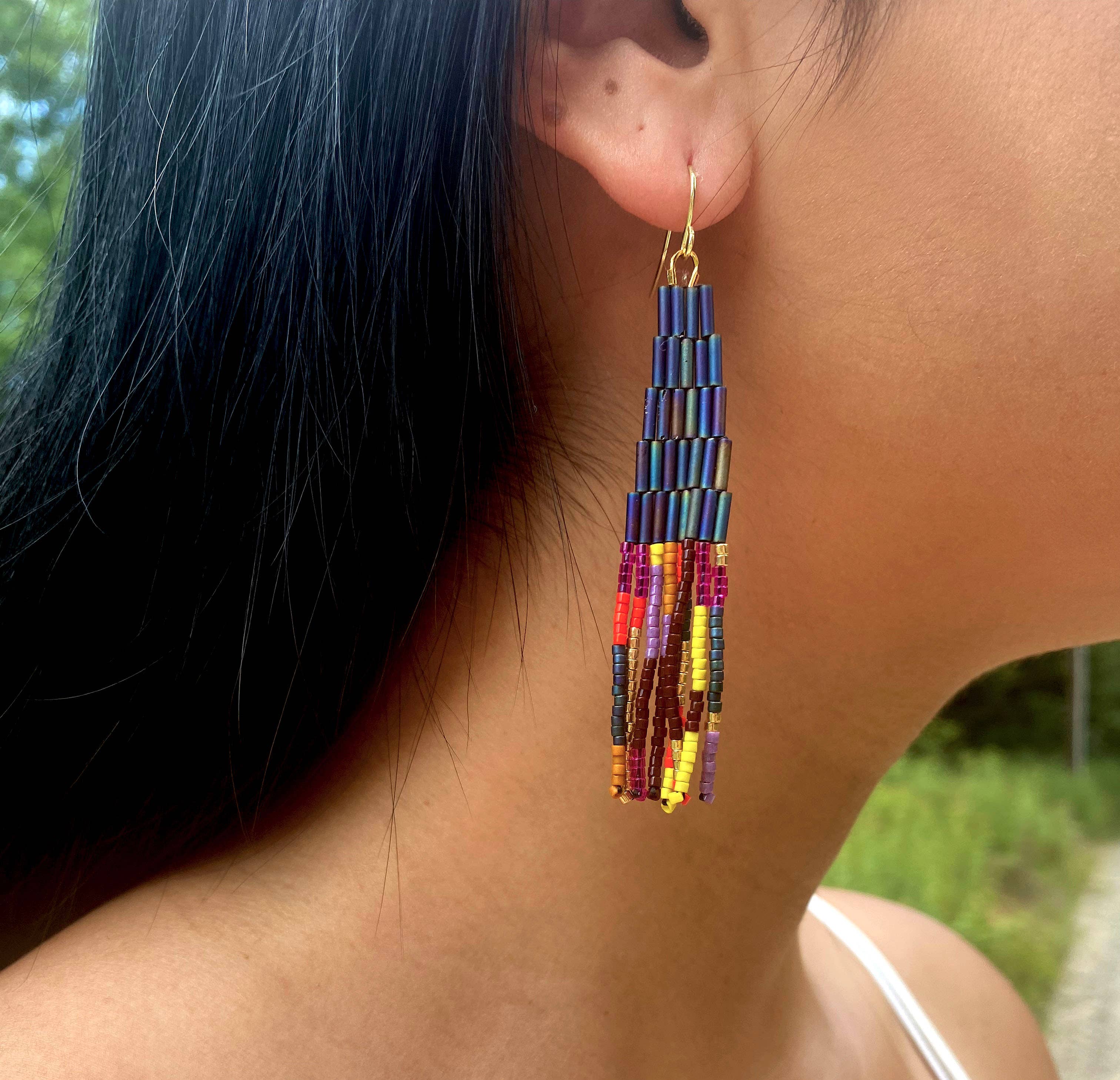 Beaded Handwoven Abstract Fringe Earrings (Emerald)