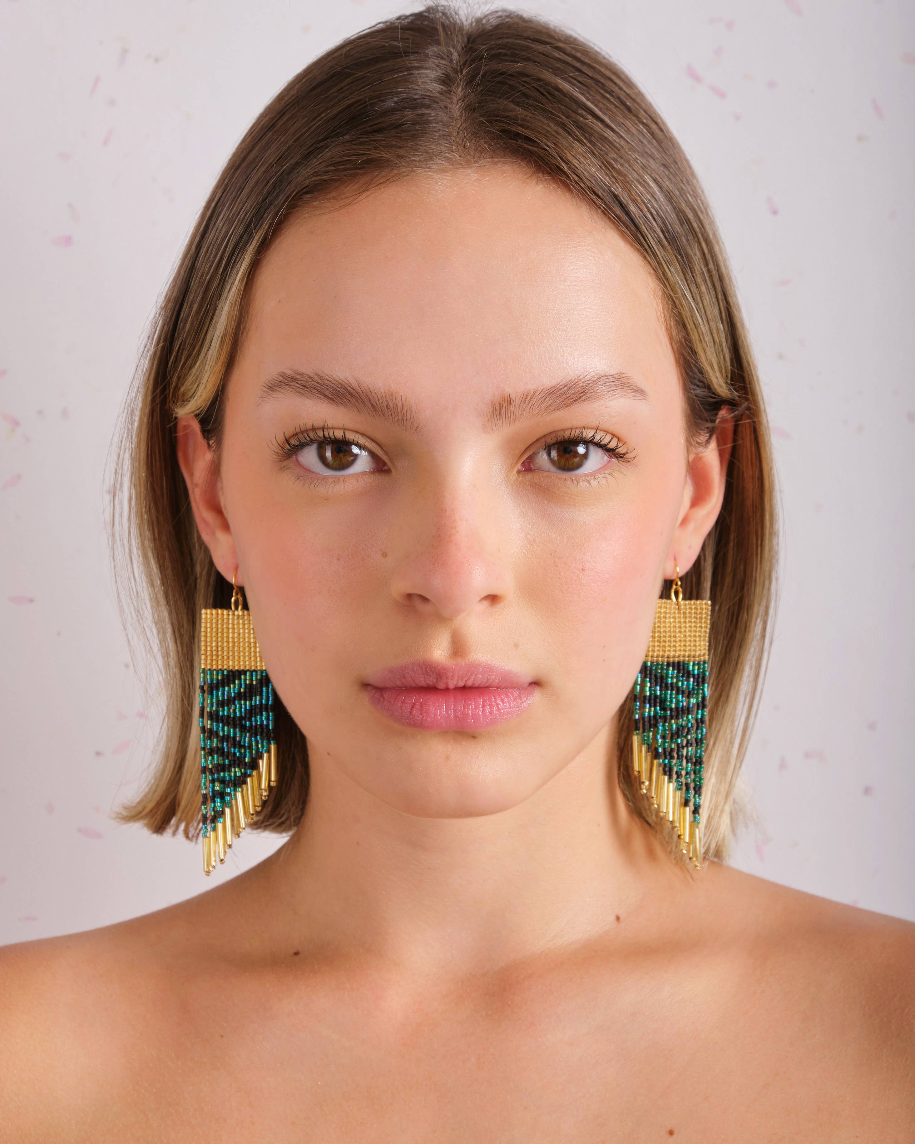 Beaded Handwoven Golden Zebra Fringe Earrings (Cream/Black)