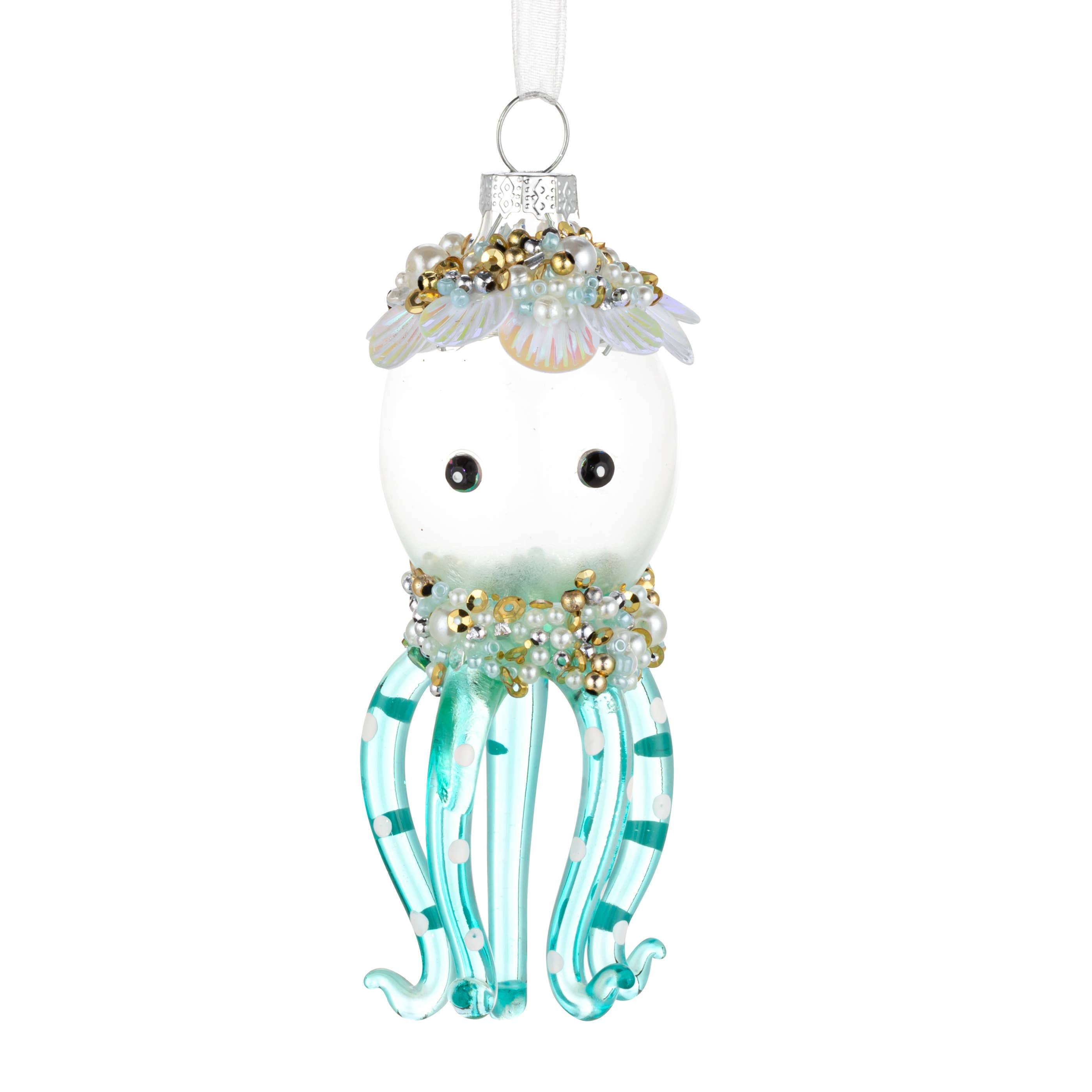 Blue Octopus with Pearls Glass Ornament - 2x4in