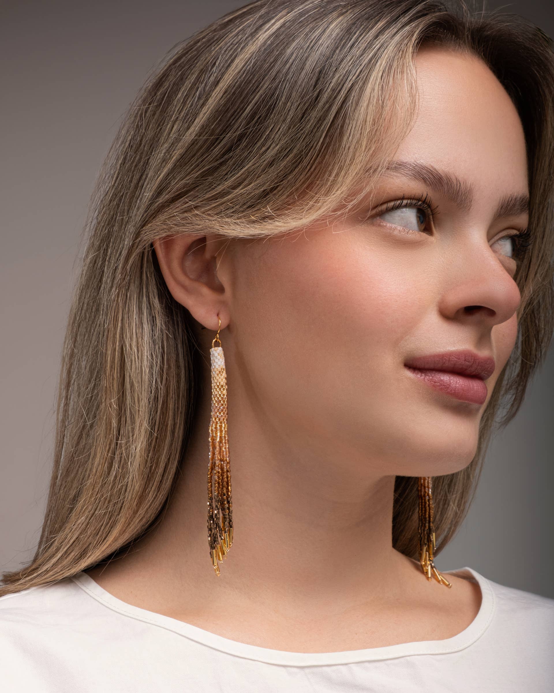 Beaded Handwoven Ombre Tassel Earrings (Black)