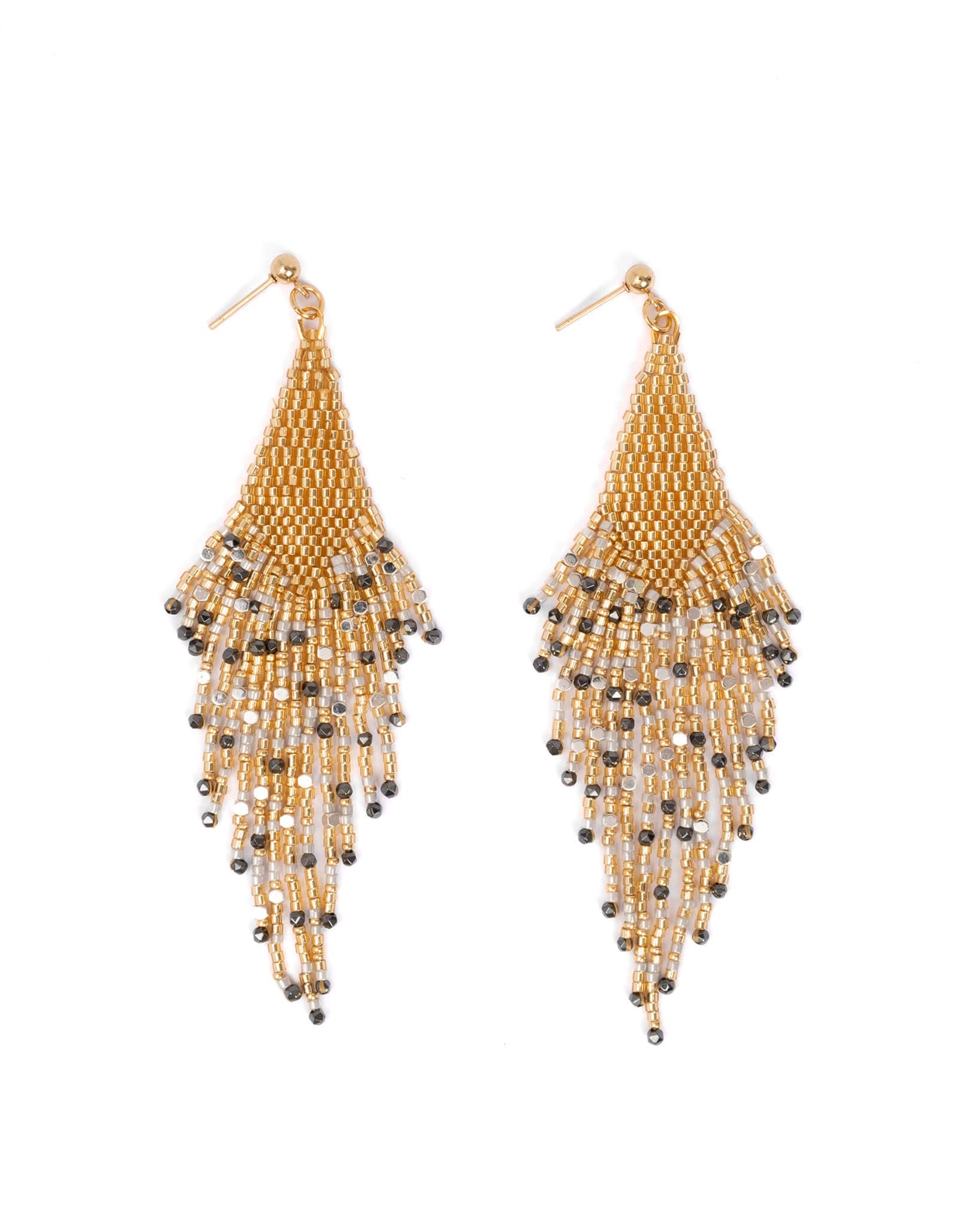 Beaded Handwoven Starlight Fringe Earrings (Gold)
