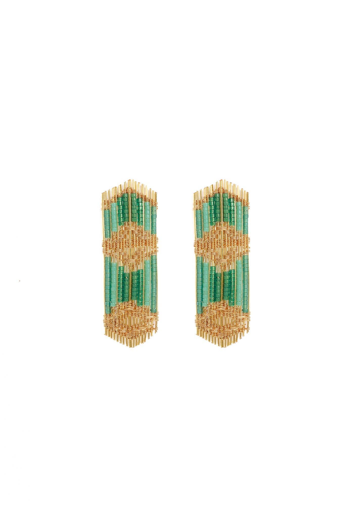 Handwoven Wire and Bead Regalia Earrings (Green)