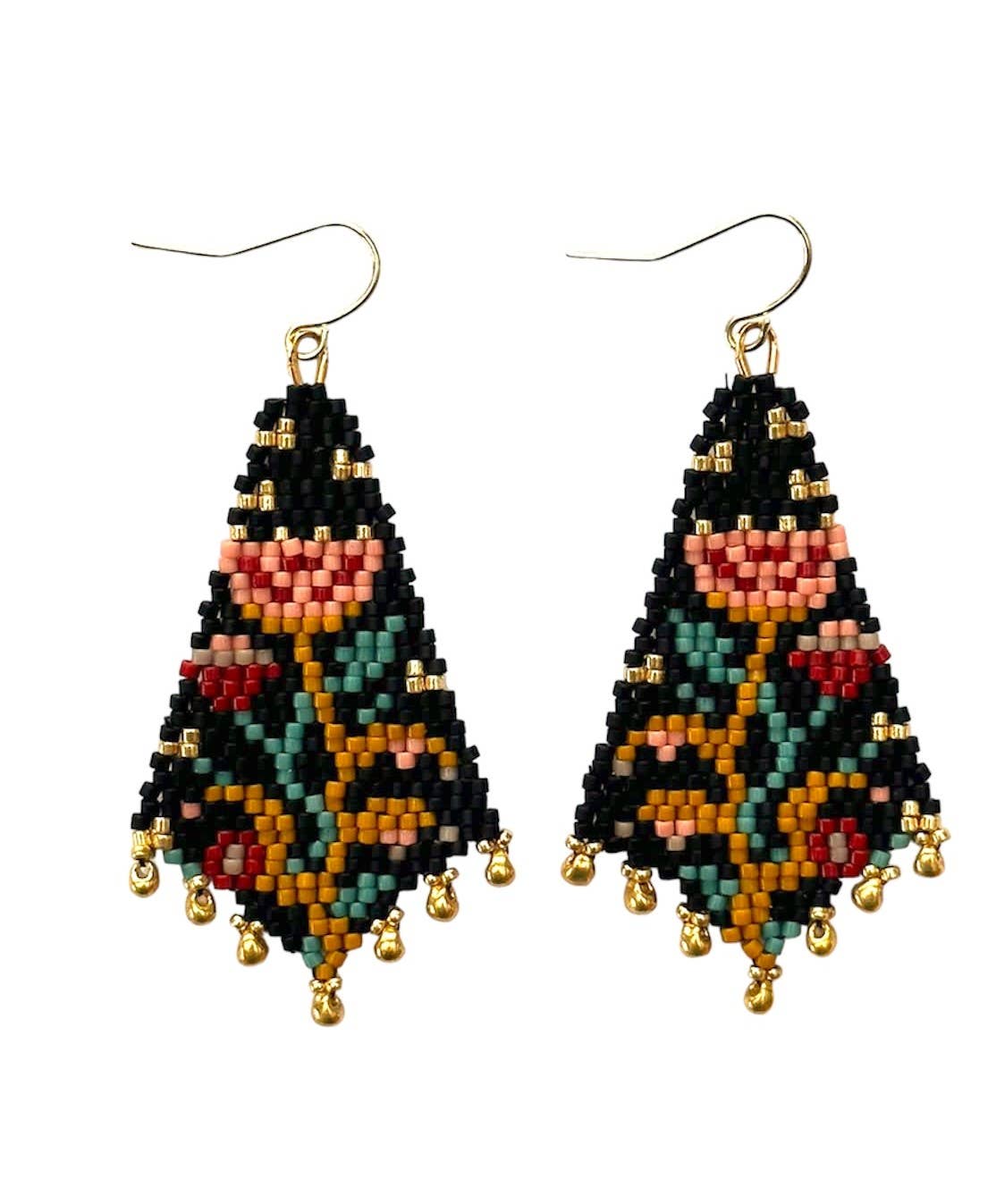 Beaded Handwoven Night Bloom Drop Earrings (Midnight)