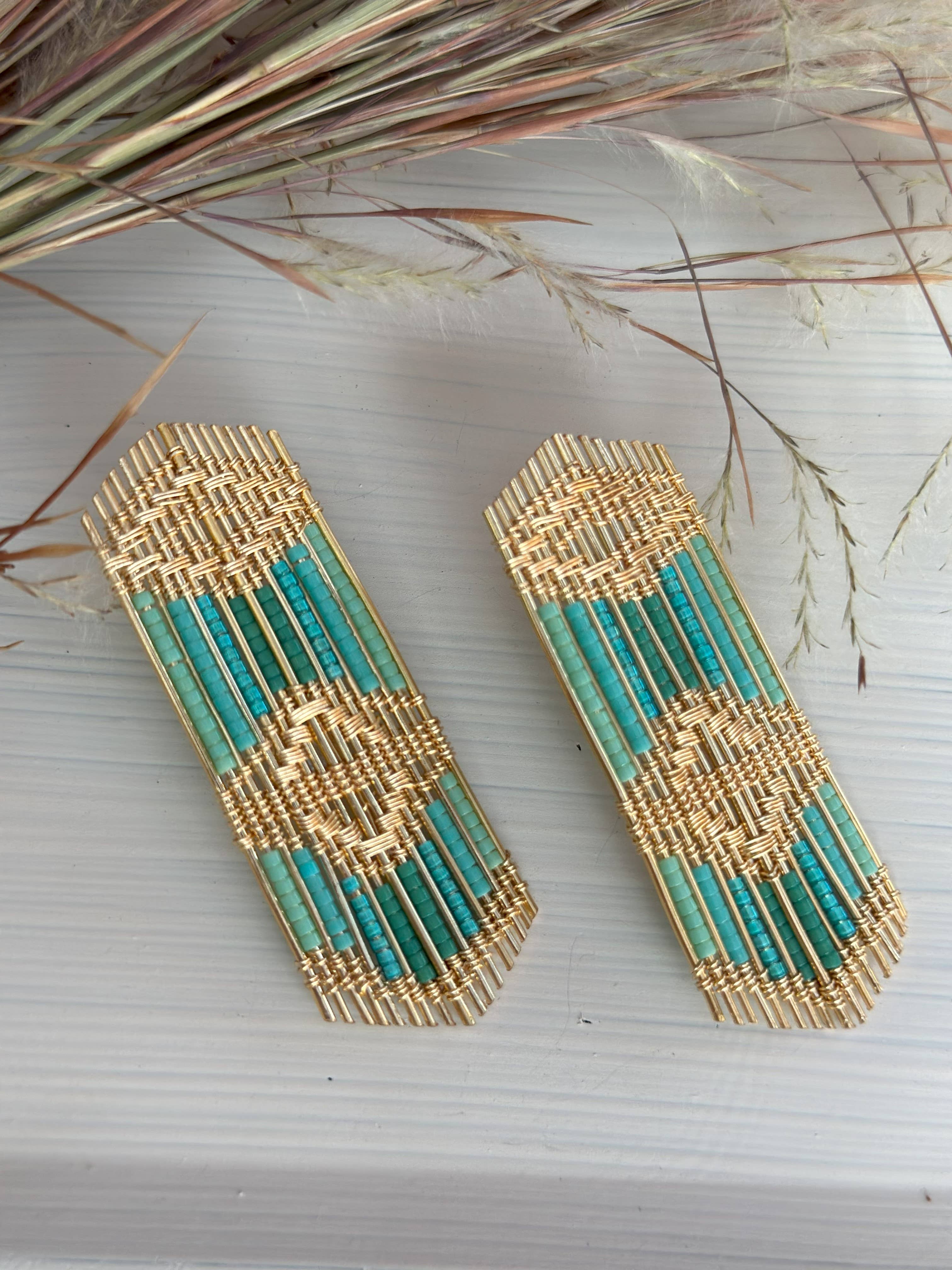 Handwoven Wire and Bead Regalia Earrings (Green)