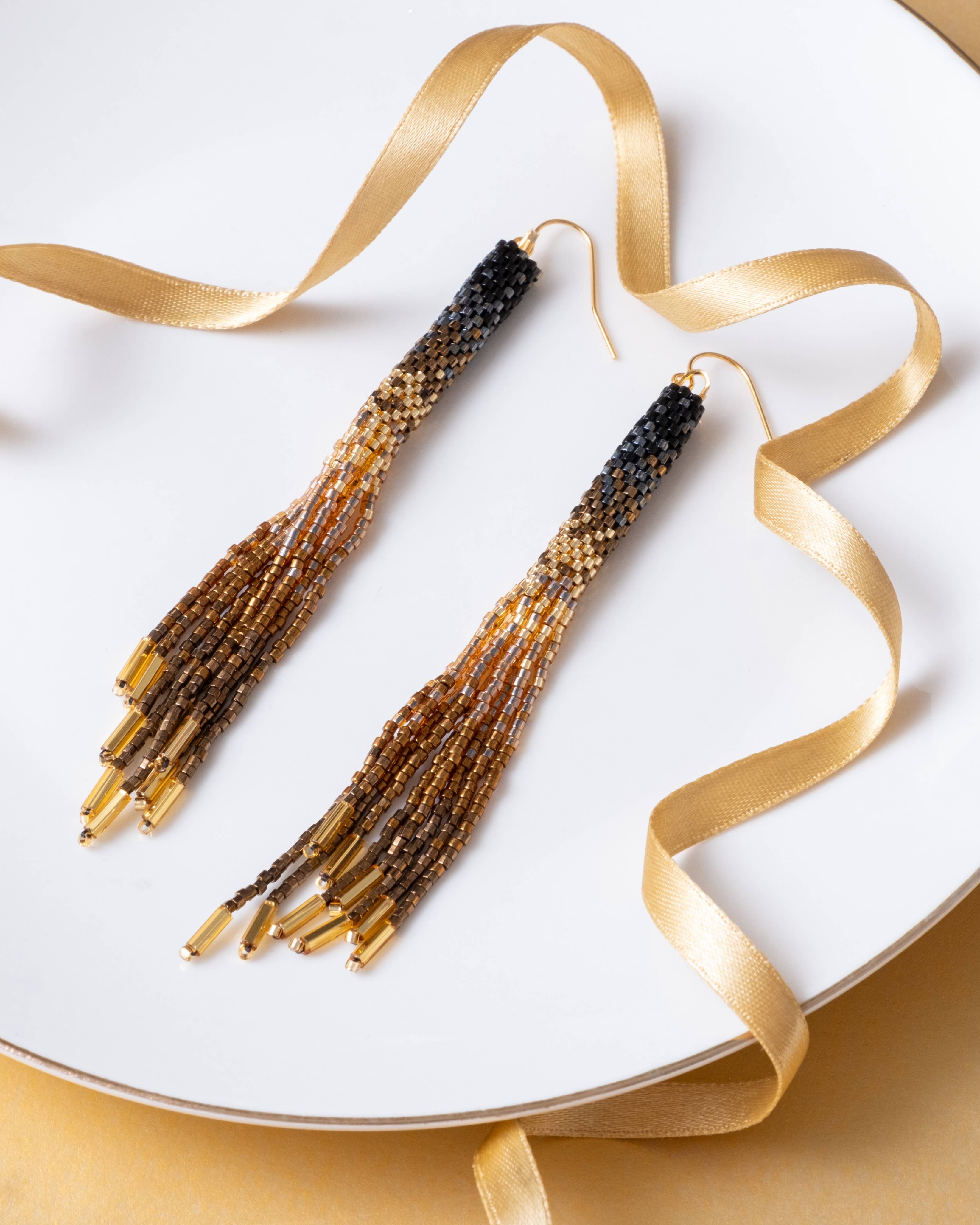 Beaded Handwoven Ombre Tassel Earrings (Black)