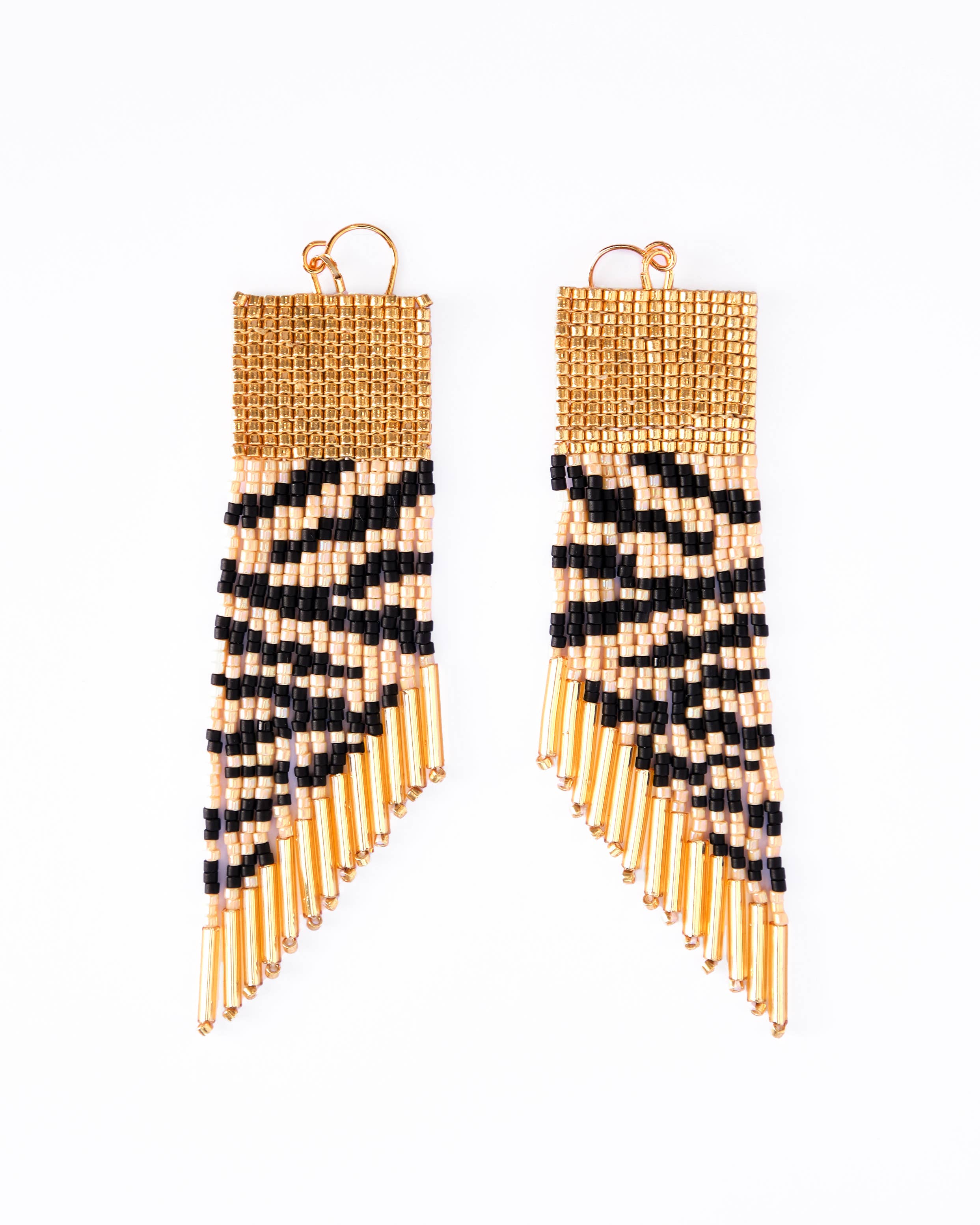 Beaded Handwoven Golden Zebra Fringe Earrings (Cream/Black)