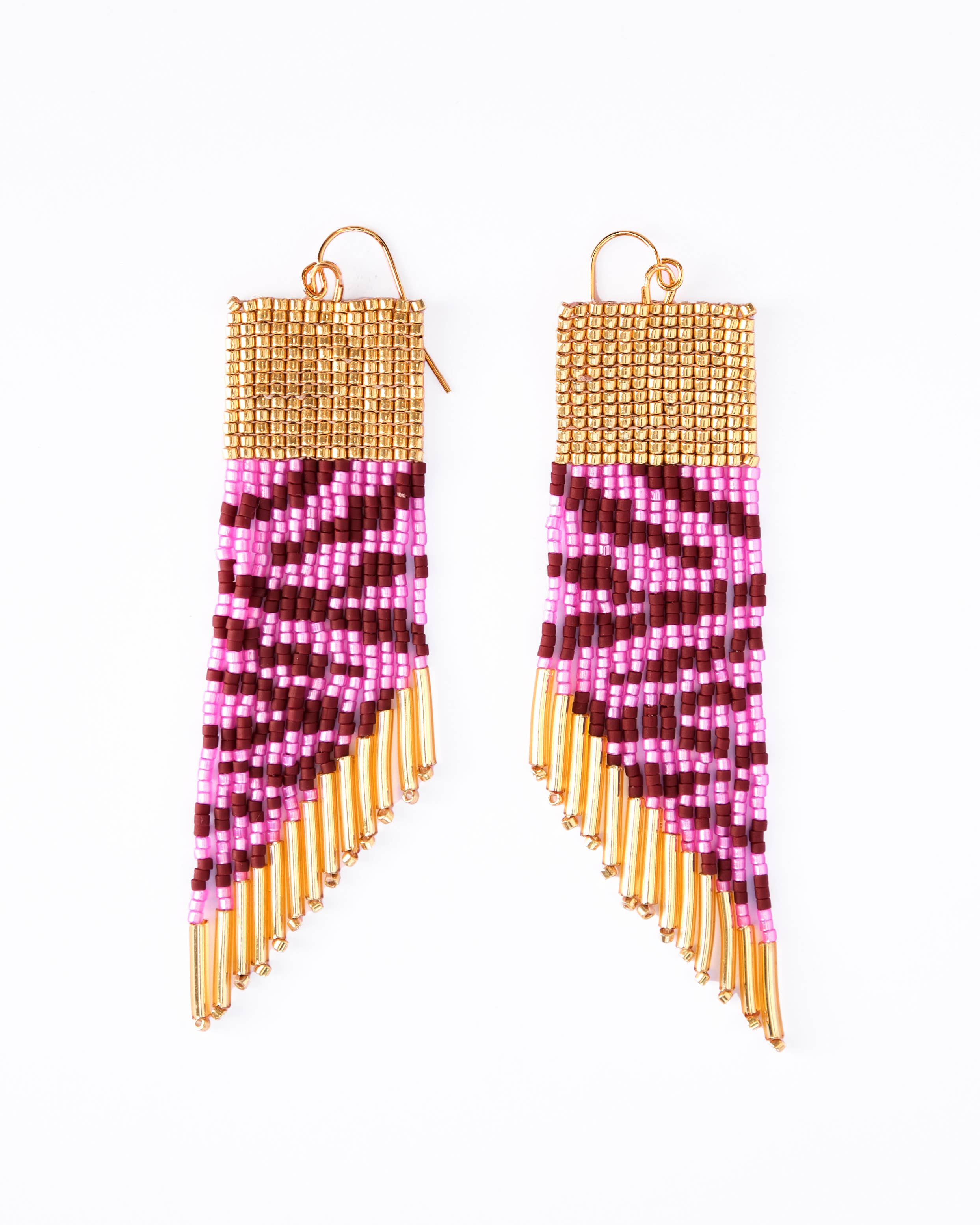 Beaded Handwoven Golden Zebra Fringe Earrings (Cream/Black)